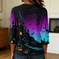 thumbnail image 7 of Shirts for Women Halloween Funny 3/4 Sleeve T Shirts Spooky Castle Bat Printed Tops Horror Round Neck Pullover Holiday Three Quarter Length Blouses, 2XL, 7 of 7