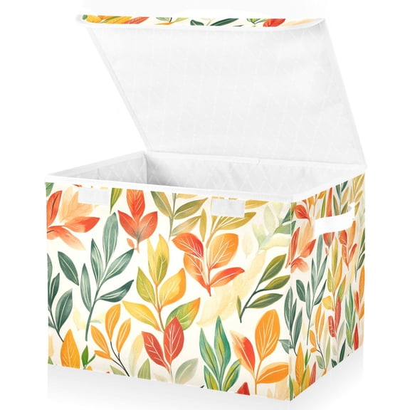 Yayeee Collapsible Cube Storage Bin with Lid Fabric Closet Decorative Basket with Handles, Orange Autumn Leaves