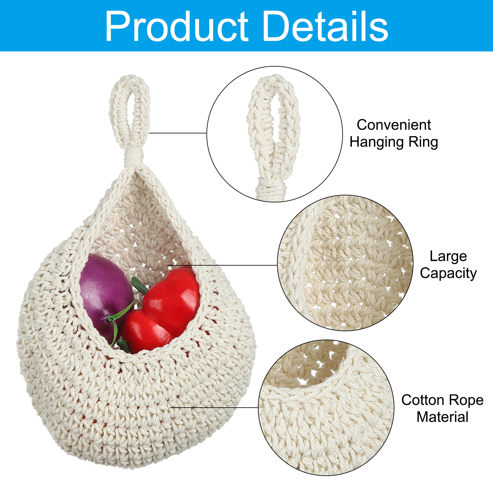 Unique Bargains Teardrop Home Decor Storage Wall Hanging Basket for Vegetable Beige Medium