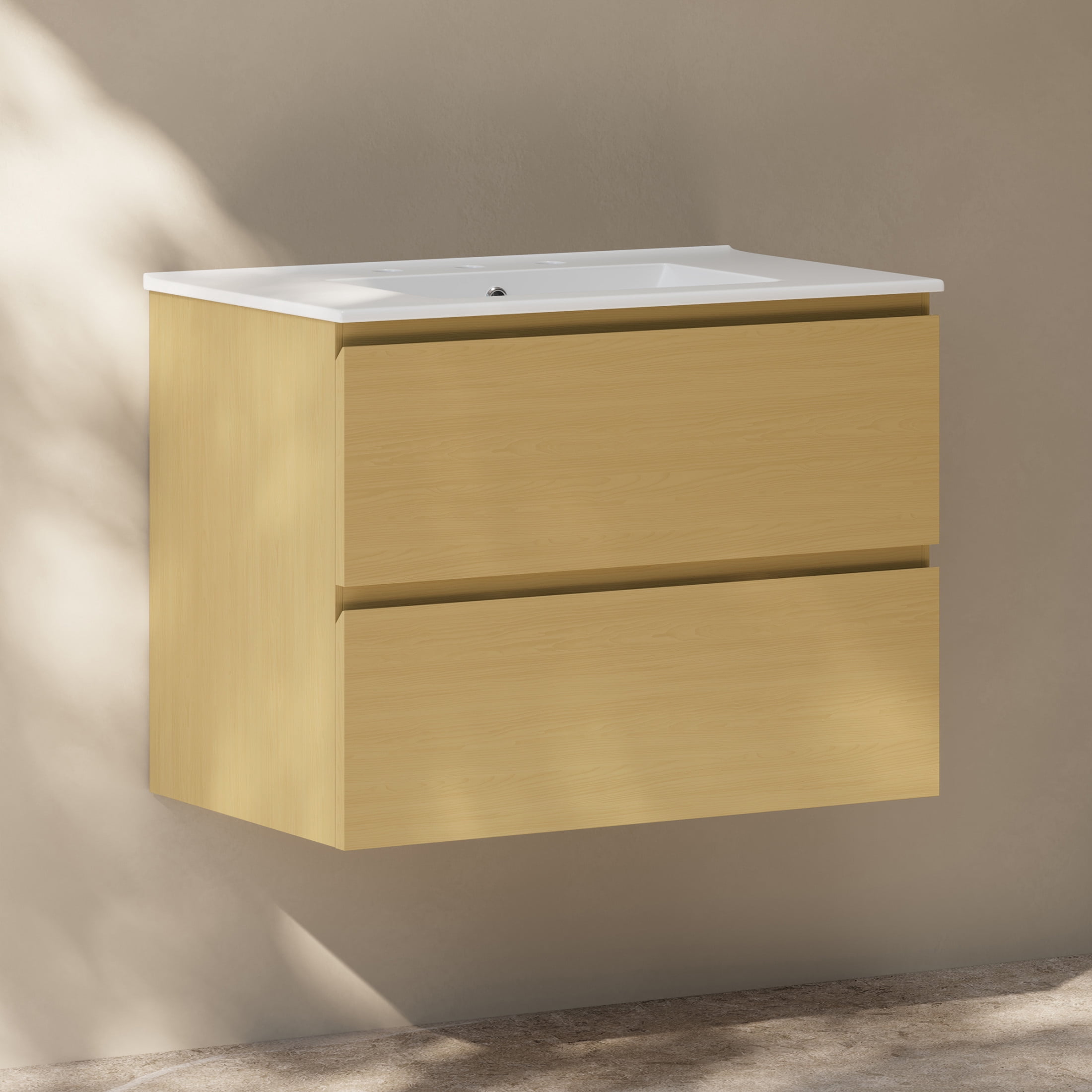 Liberte 30" Wall-Mounted Bathroom Vanity in Natural Oak with 3-Hole Widespread Sink Top