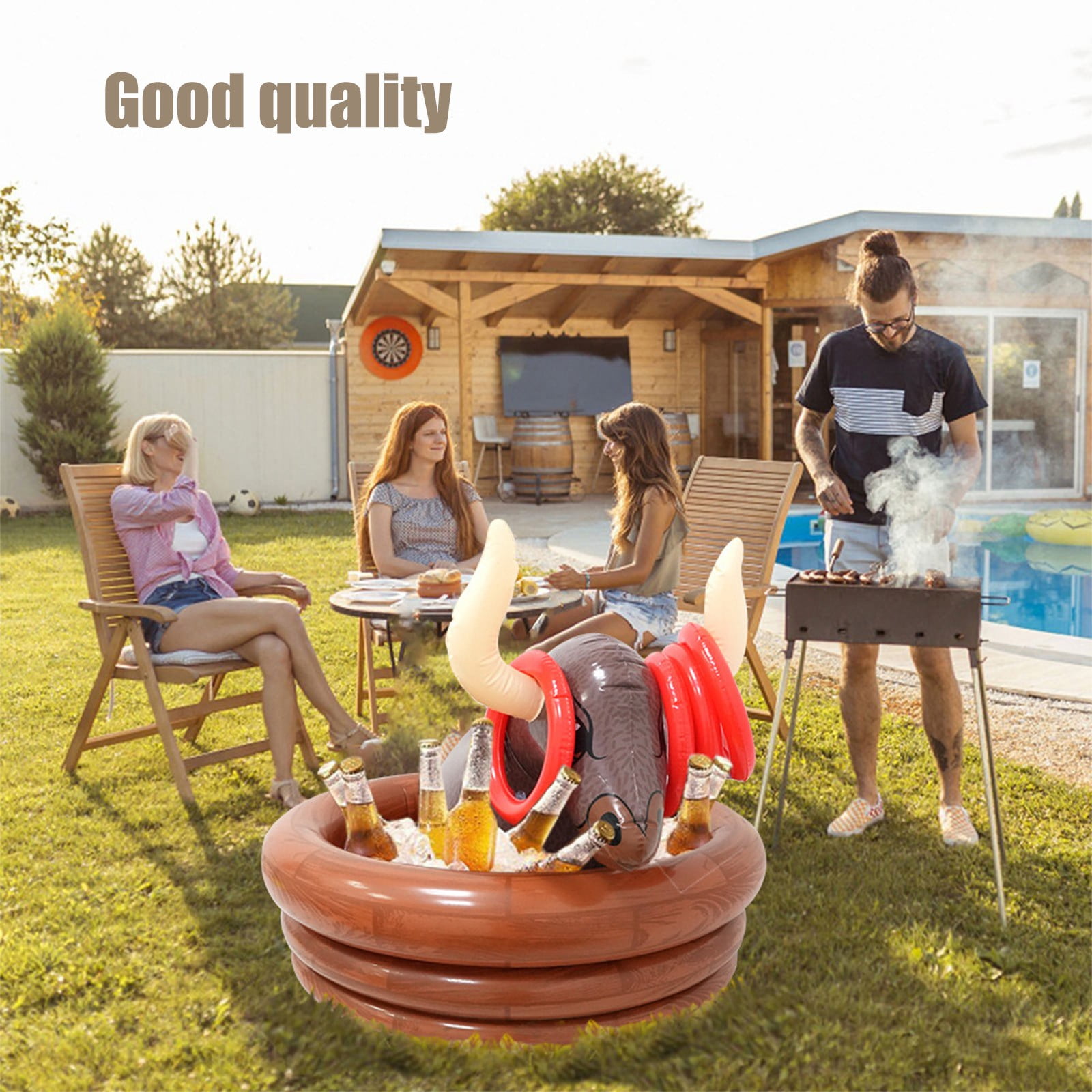 Inflatable Water Bull Ice Bucket - with Rings Toss, Bull Cooler Beverage Serving Container - Ideal for Beach, Pool, Camping Interactive Gamesch