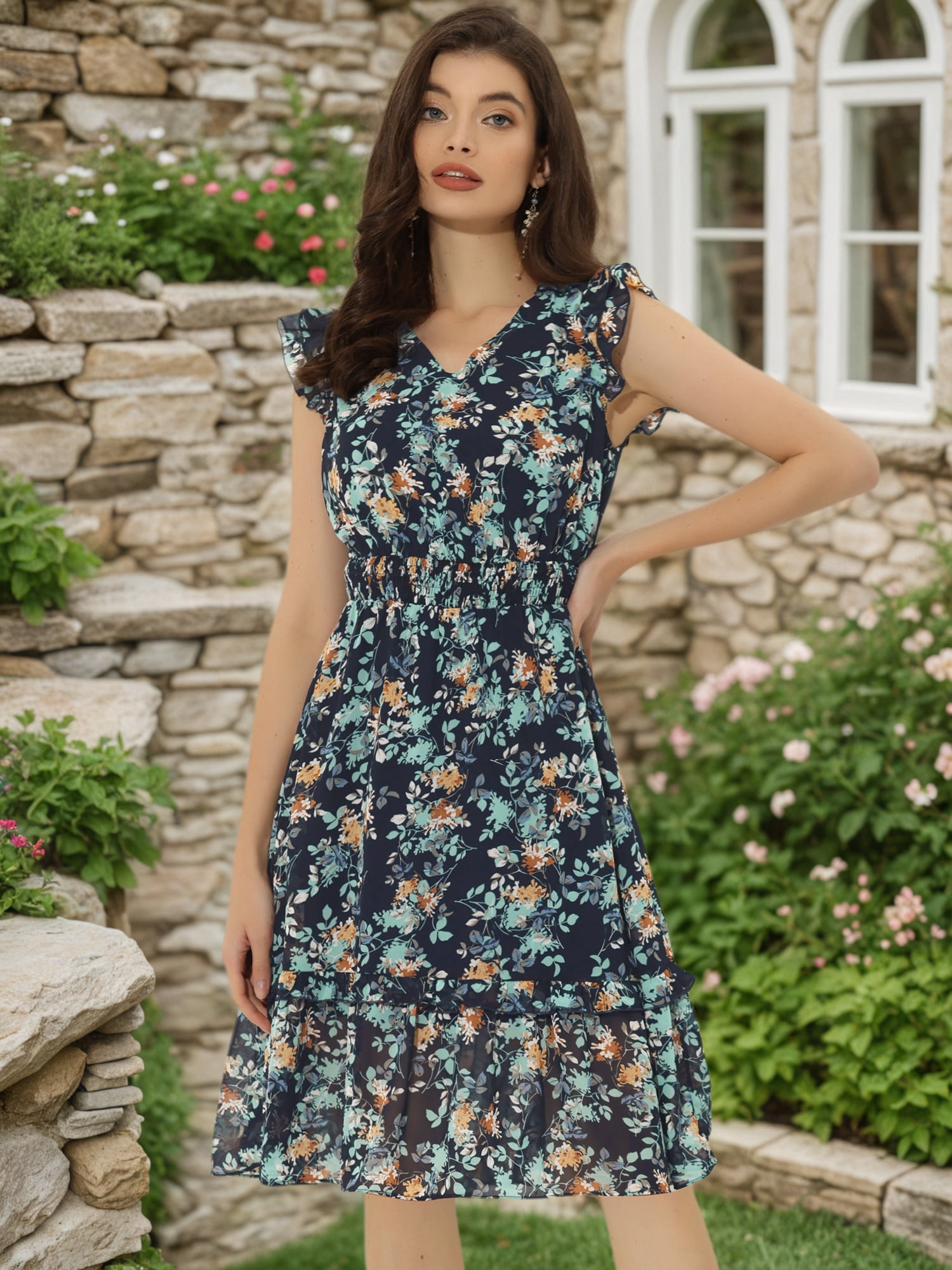 DARING DIVA Floral Flutter Sleeves V Neck Smocked Ruffle Dress L Dark Blue White