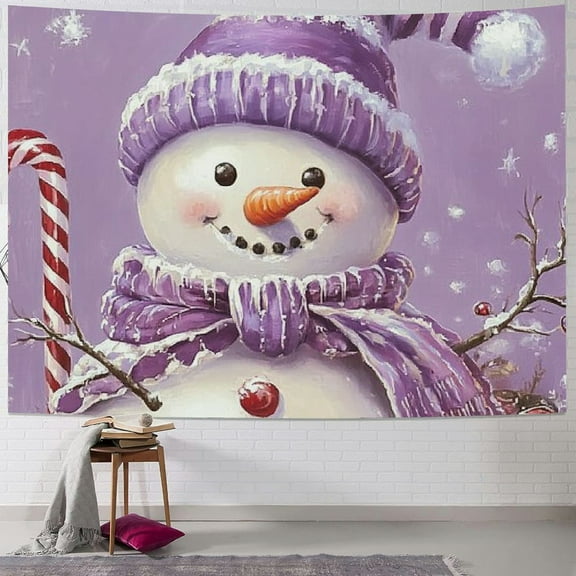 Pratyus Snowman Candy Cane Purple Tapestry Wall Hanging for Bedroom Dorm Christmas Decoration - Soft Short Plush Fabric, Easy to Hang & Fold, Vivid Pattern Design - Multi-Functional Decor 40x30inch