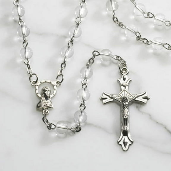 Clear Glass Bead Rosary 6mm Madonna Centerpiece Jesus Christ Crucifix