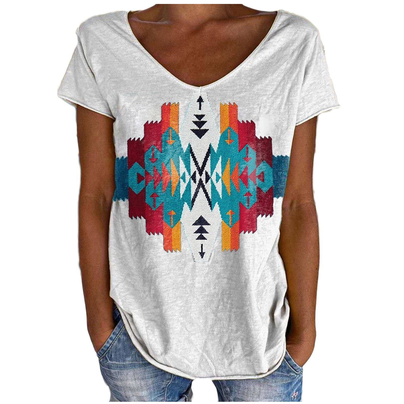 V Neck Short Sleeve Striped Western 