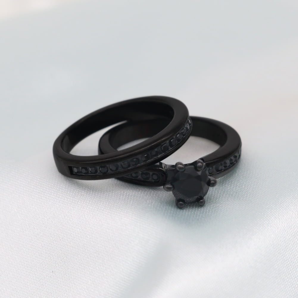 2 Matching Rings Couple Ring Black Gold Plated 1CT CZ Women Wedding Ring Sets Men Ring