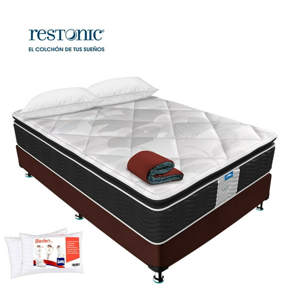 Colchón Matrimonial Restonic Random + Box Matrimonial + Edredón + 2 Almohadas + 2 fundas