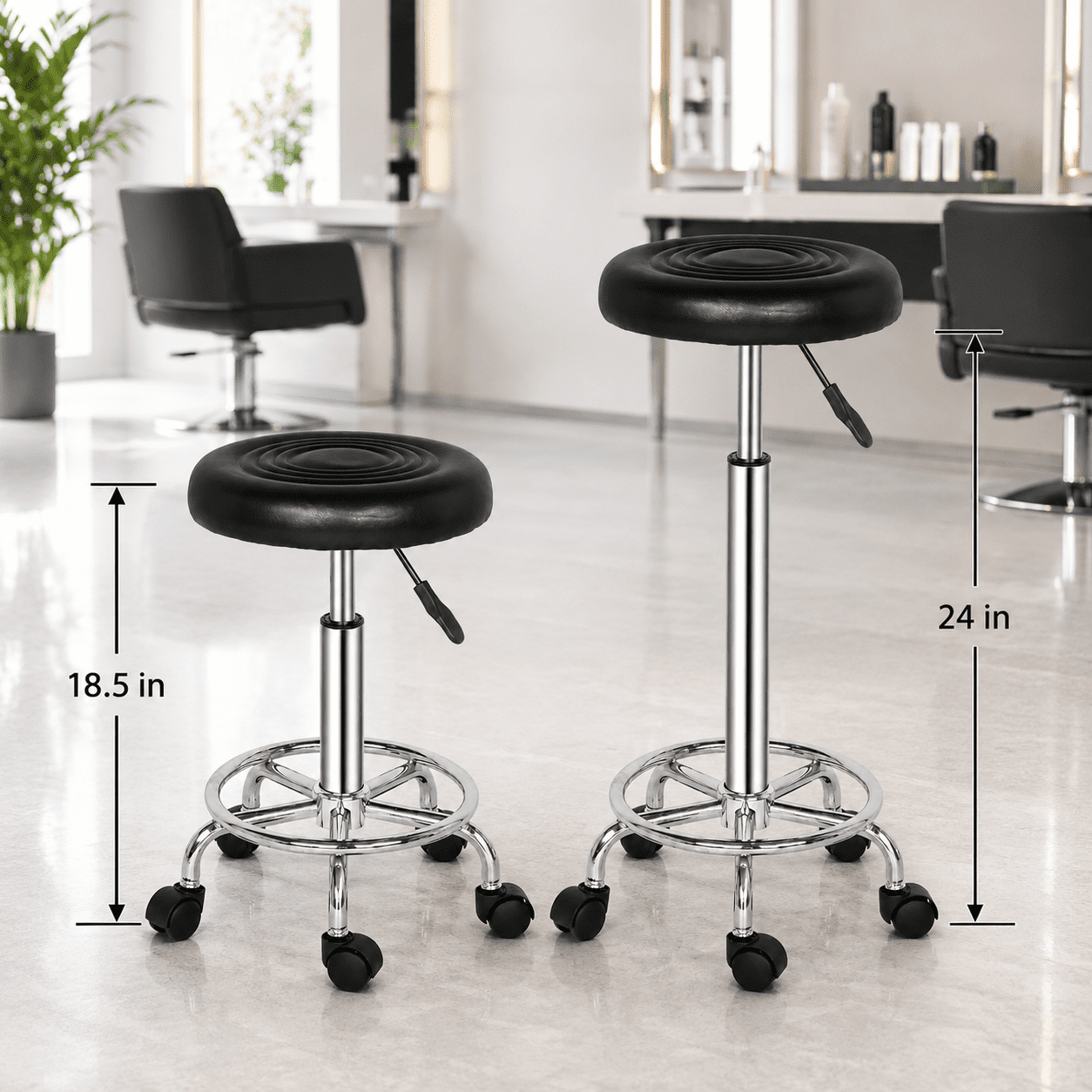 Alvantor Rolling Stool with Ribbed Round Seat, Adjustable Height, Black