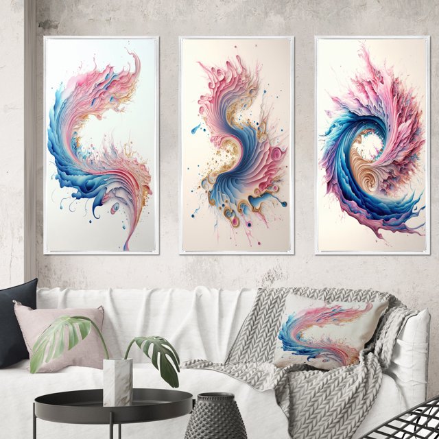 Designart "Swirling Multicolored Paint II" Modern Framed Wall Art Set Of 3 - Pink Abstract Spirals Frame Gallery Set For Office Decor