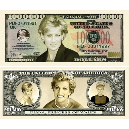 - 5 Princess Diana Million Dollar Bills with Bonus “Thanks a Million” Gift Card Set