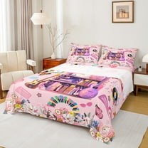 Manfei Girly Pink Cartoon Twin Sheet Sets, Modern Rock Music Twin Fitted Sheet, Kawaii Princess Style Flat Sheet, Lightweight Room Decor, 3pcs