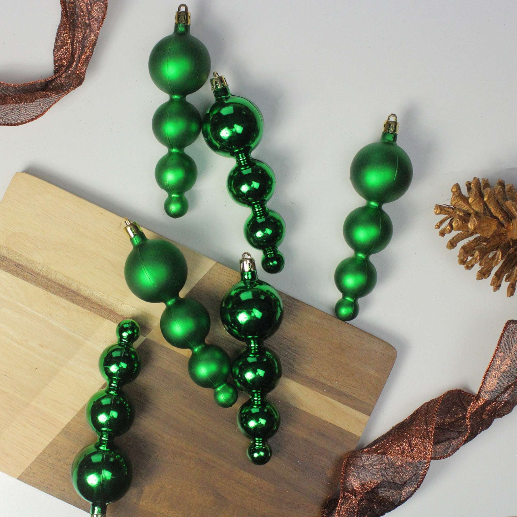 6ct Shiny and Matte Xmas Green Finial Shatterproof Christmas Ornaments 5.75"