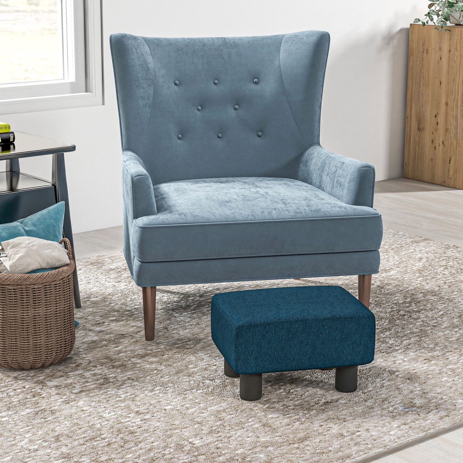 Cube Ottoman Footrest & Extra Seat Linen Upholstery, Modern Style Living Room, Bedroom & Entryway