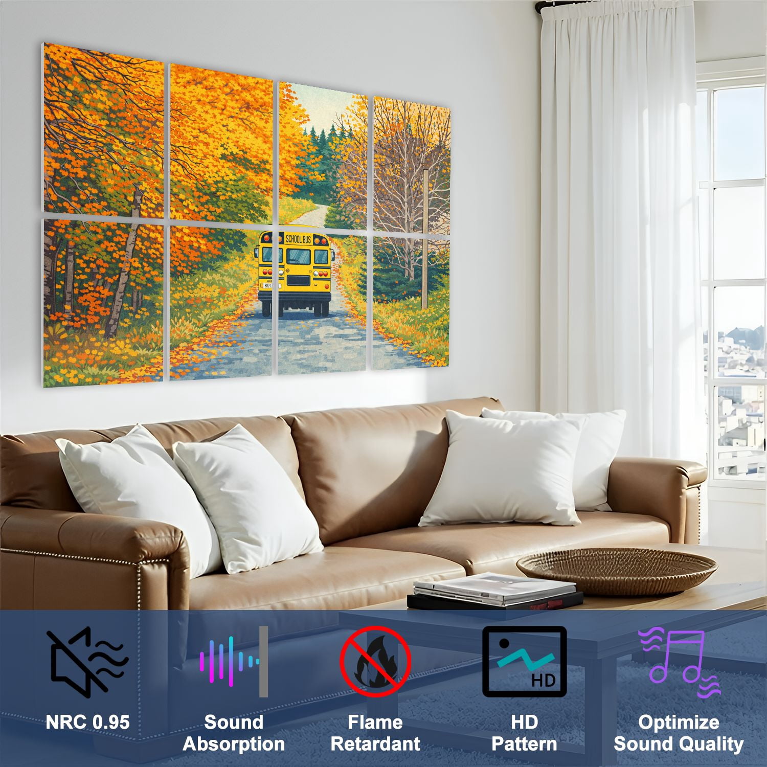 8 Pack Art Acoustic Panels Sound Absorbing School Bus Autumn Rural Decorative Soundproof Wall Panels Self Adhesive for Nursery Game Room Bedroom 48"x32"