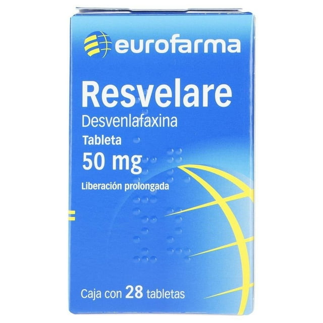 Resvelare LP Desvenlafaxina caja con 28 tabletas de 50mg cada una, caja azul con logo eurofarma en blanco y amarillo, medicamento de liberación prolongada en tabletas para salud y bienestar, indicado para uso farmacéutico.