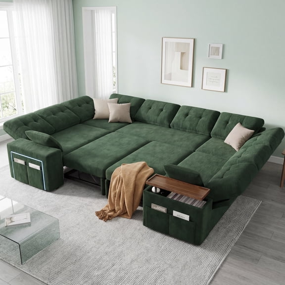 8-Seat Large U Shaped Modular Sectional | Pull Out Bed Sleeper Sofa Dark Green/ Reclining Backrest, USB Ports, LED Light & Storage Seat - Tool-Free Assembly