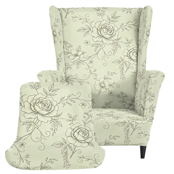 Kuiaobaty Rose Floral Print Single Wingback Armchair Covers, Elastic Soft 2-Pieces Wingback Sofa Covers with Cushion Cover for Club