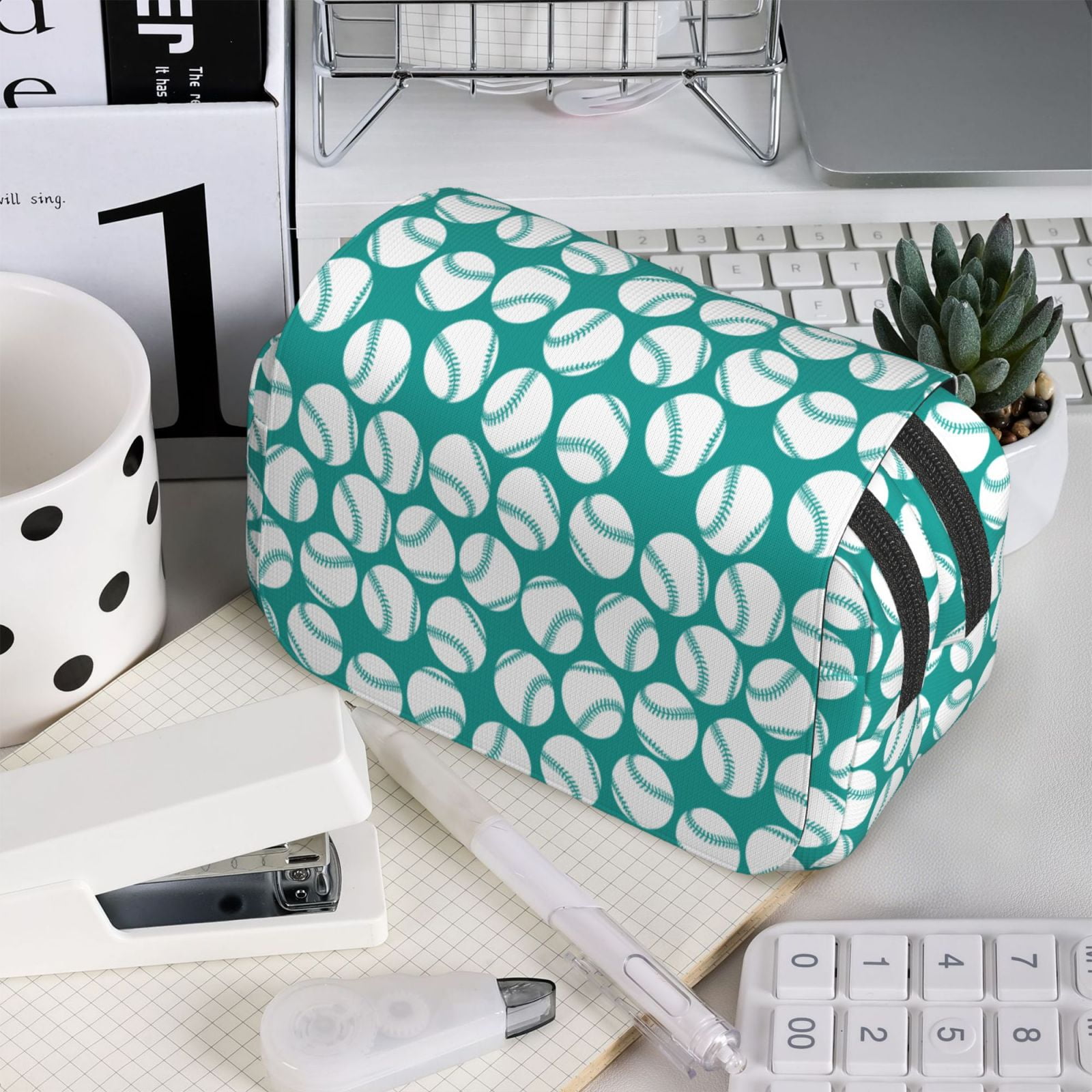 Rateoe Green Baseball Pattern Double Clamshell Pen Case, Storage Organizer with Two Zipper Compartments– Holds Up to 50 Pencils & Pens