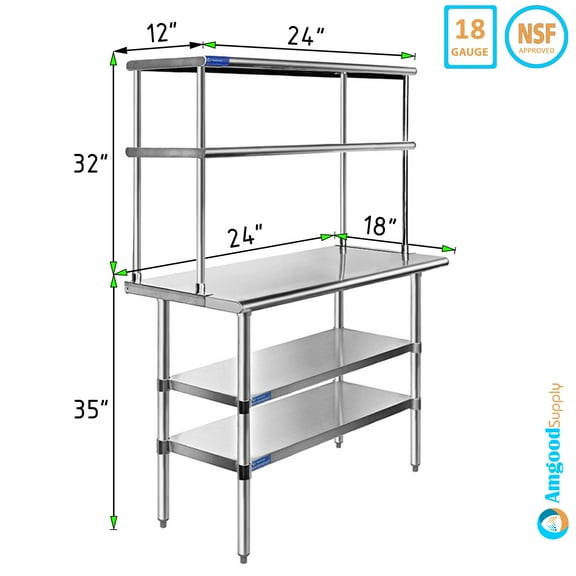 18" x 24" Stainless Steel Work Table With Two Shelves | 12" Wide Double Tier Overshelf | Metal Kitchen Prep Table & Shelving Combo
