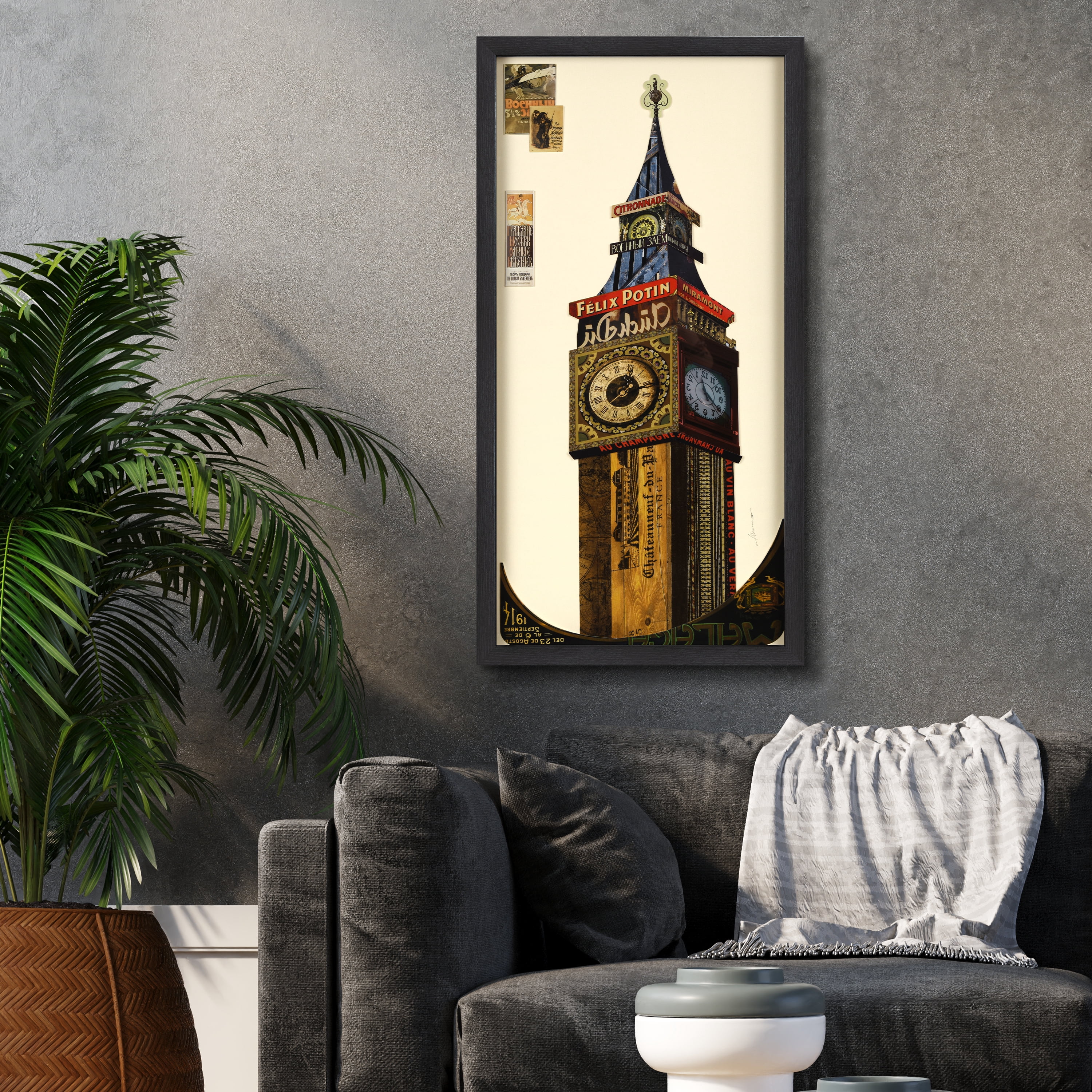 Empire Art Direct "Big Ben" Alex Zeng's dimensional collage, under glass & a black shadow box frame