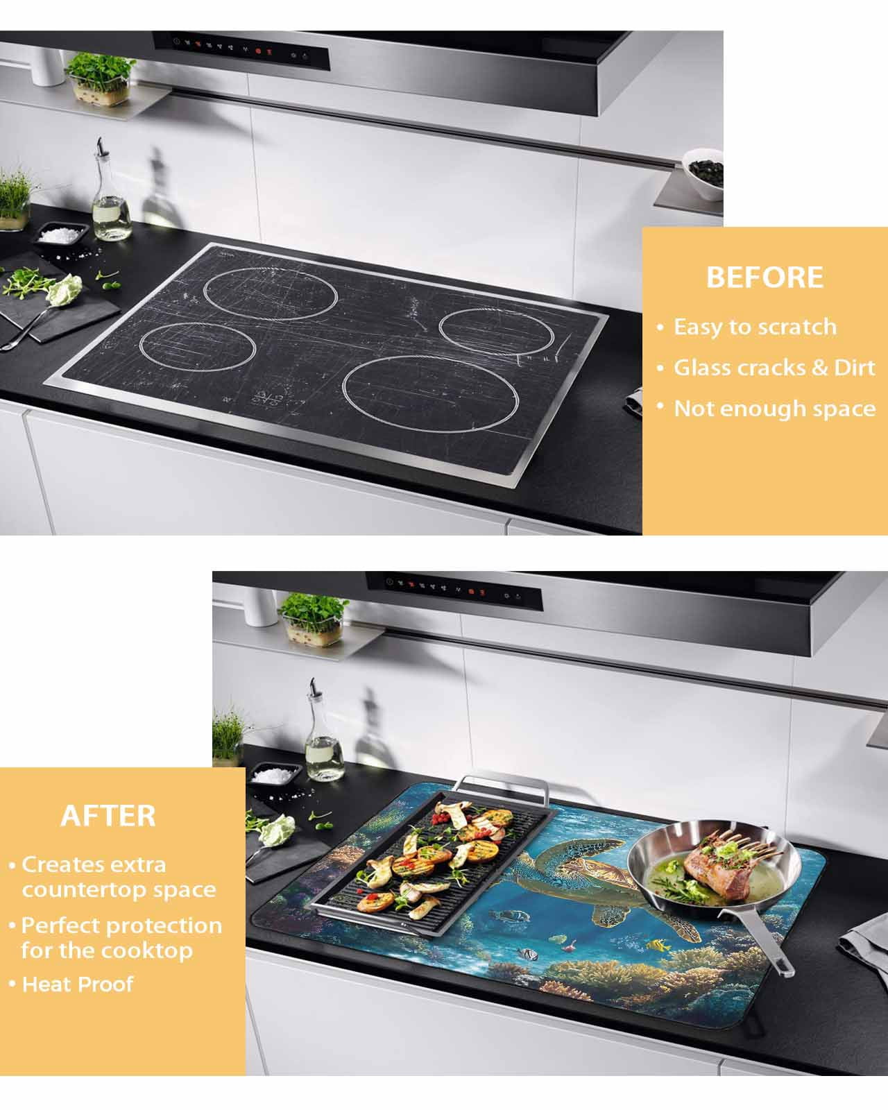 nqOlkjepod Large Induction Cooktop Protector Mat 24"x21", Coastal Turtle Stove Top Covers for Electric Stove, Turquoise Tropical Ocean Animal Coral Stove Burner Cover Mats, Glass Top Stove Cover