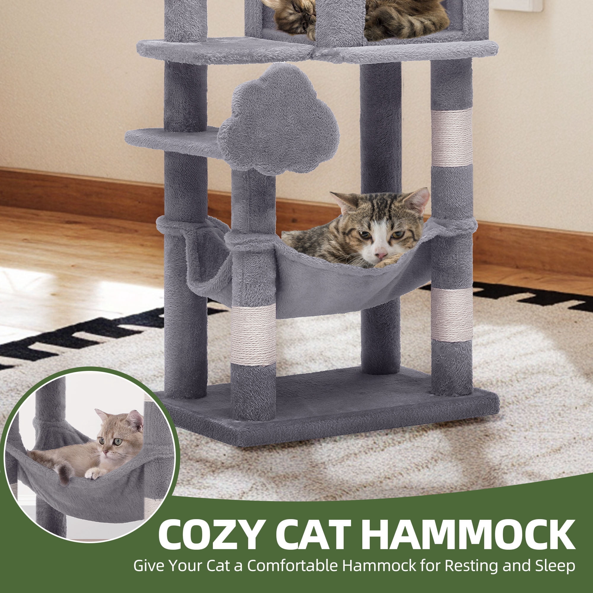 Uforic 44" Cat Tree Tower with Scratch Posts, Condo, Hammock & Toys, Light Gray