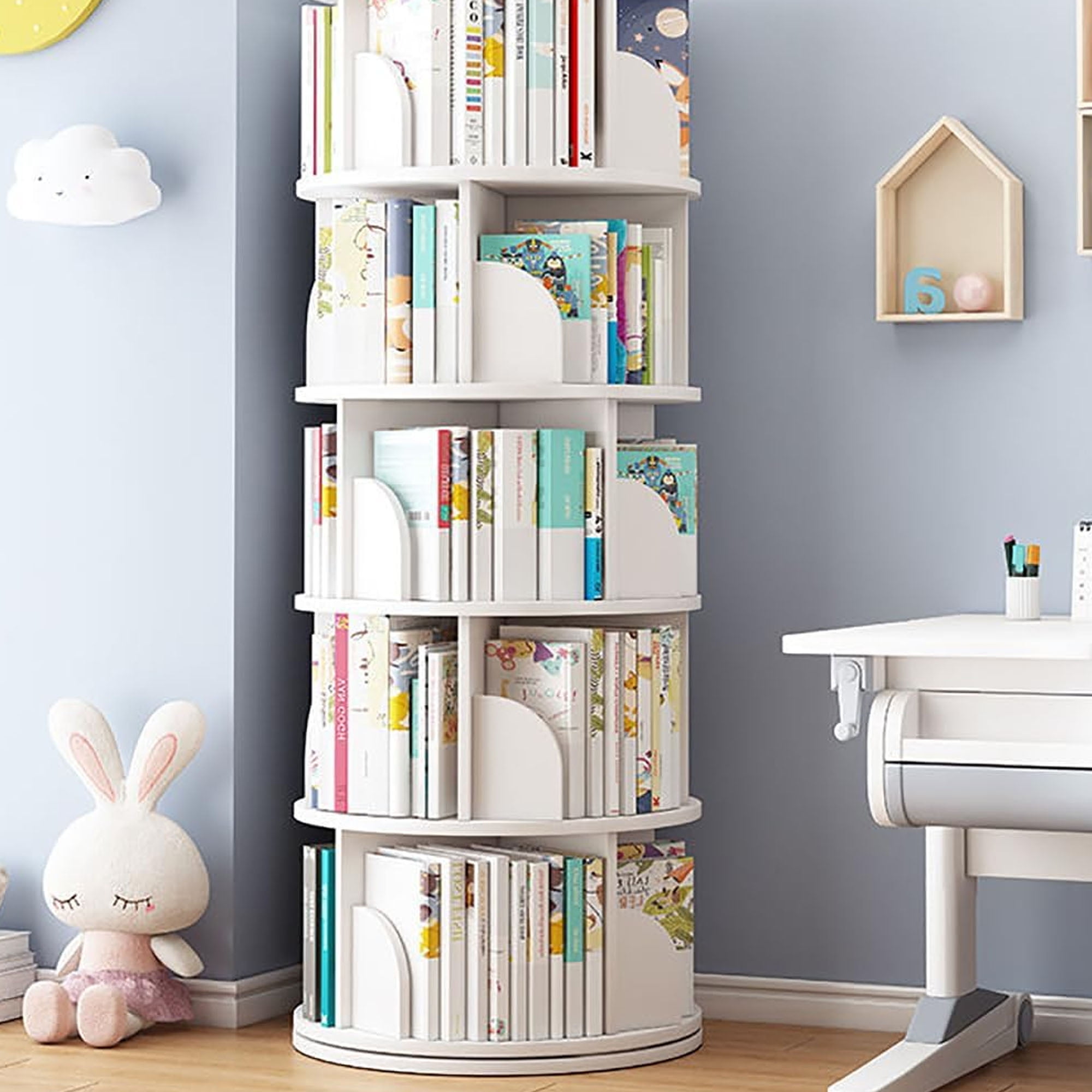 IAJXWI 6-Tier Wooden Rotating Bookcase, 360° Revolving Display Rack with 24 Shelves, White 74"x18"x18"