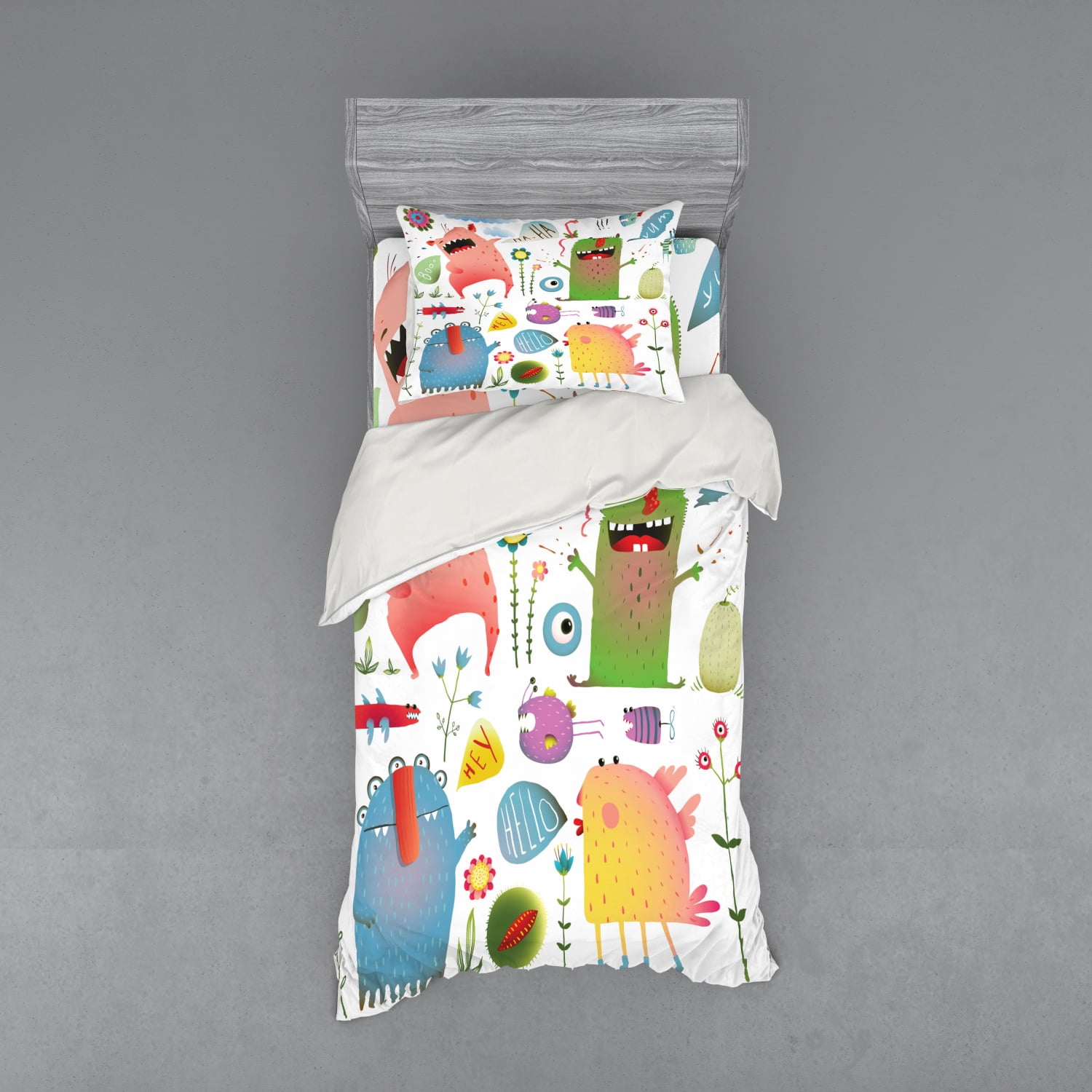 Funny Duvet Cover Set, Imaginary Creatures Fun Colorful Laughing Childish Monsters Flowers