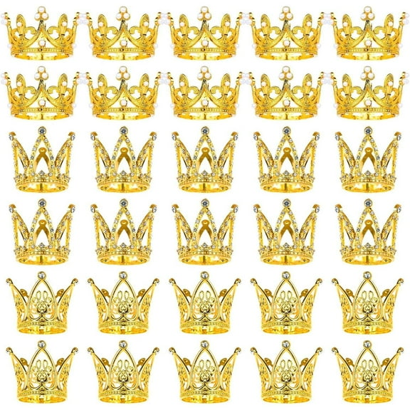 30Pcs Gold Crown Cake Topper Mini Flower Bouquets Accessories Birthday Crowns for Bridal Wedding Mothers Day Party Cake Decor (3 Style) iston rollos del Rhinestone Round