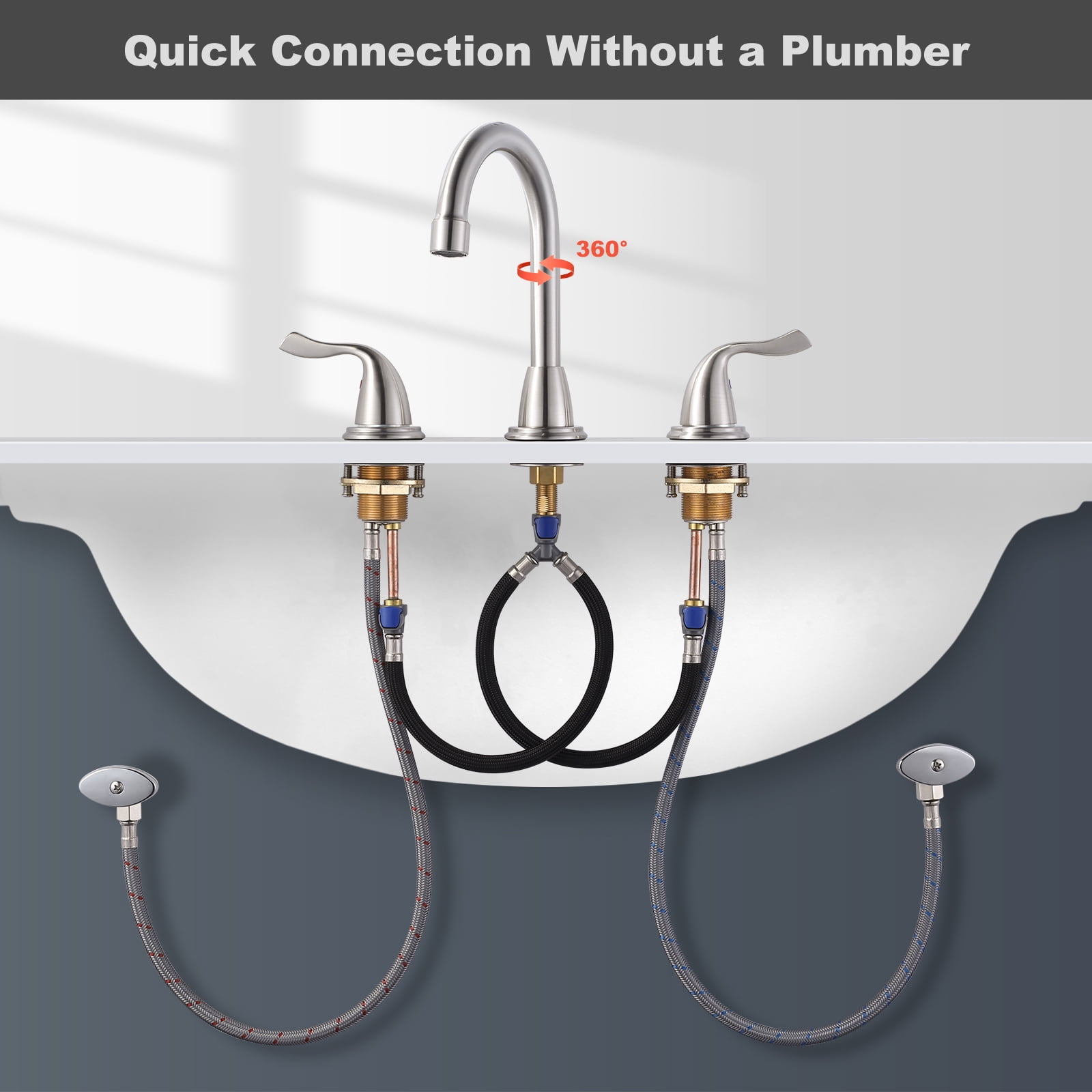 Brushed Nickel Bathroom Faucet 3 Hole, WOWOW 8 Inch Widespread Bathroom Faucet with Pop Up Drain, 2 Handles Bathroom Sink Faucet with cUPC Supply Lines Modern Faucet for Bathroom Sink