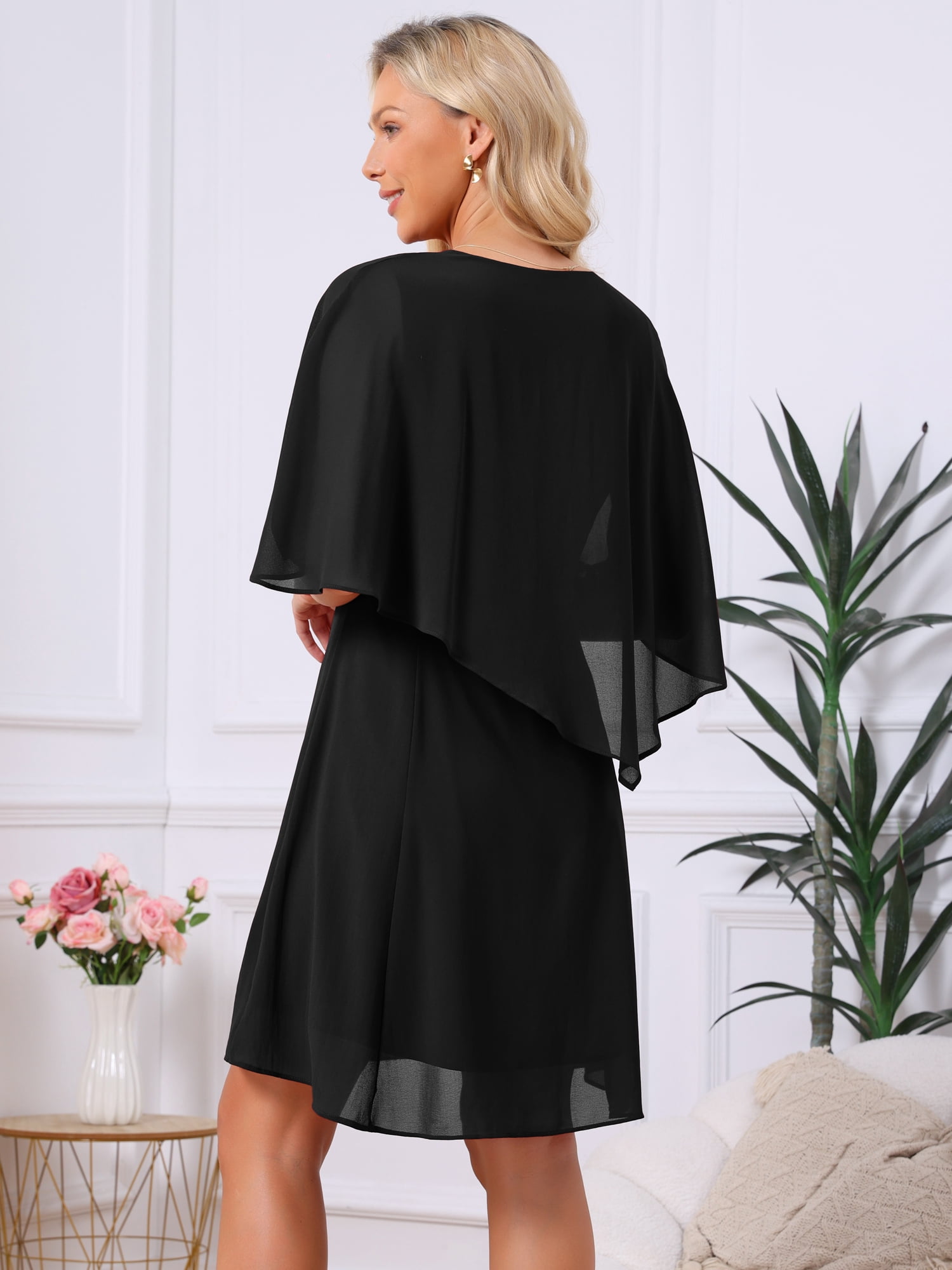 DARING DIVA Women's Chiffon Half Sleeve V Neck Wedding Guest Dress XL Black