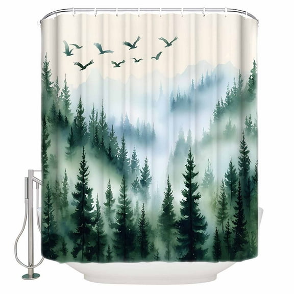 72x78 Inch Shower Curtain Dark Green Ombre Forest Bathroom Decor Waterproof Fabric Bathtub Bath Curtains Decorative Watercolor Tree Extra Long Shower Curtain Set with Hooks