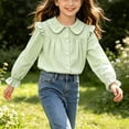 thumbnail image 6 of ITSAME Girls Button Down Shirts Cotton Ruffle Lapel Long Sleeve School Uniform Blouses Fashion Casual Tops Green Size 6, 6 of 7