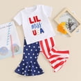 thumbnail image 3 of Okbabeha Kids Toddler Girls 4th of July Outfit,Short Sleeve Letter Tee Shirt+Stars Stripes Flare Pants Bell Bottom Outfits, 3 of 5