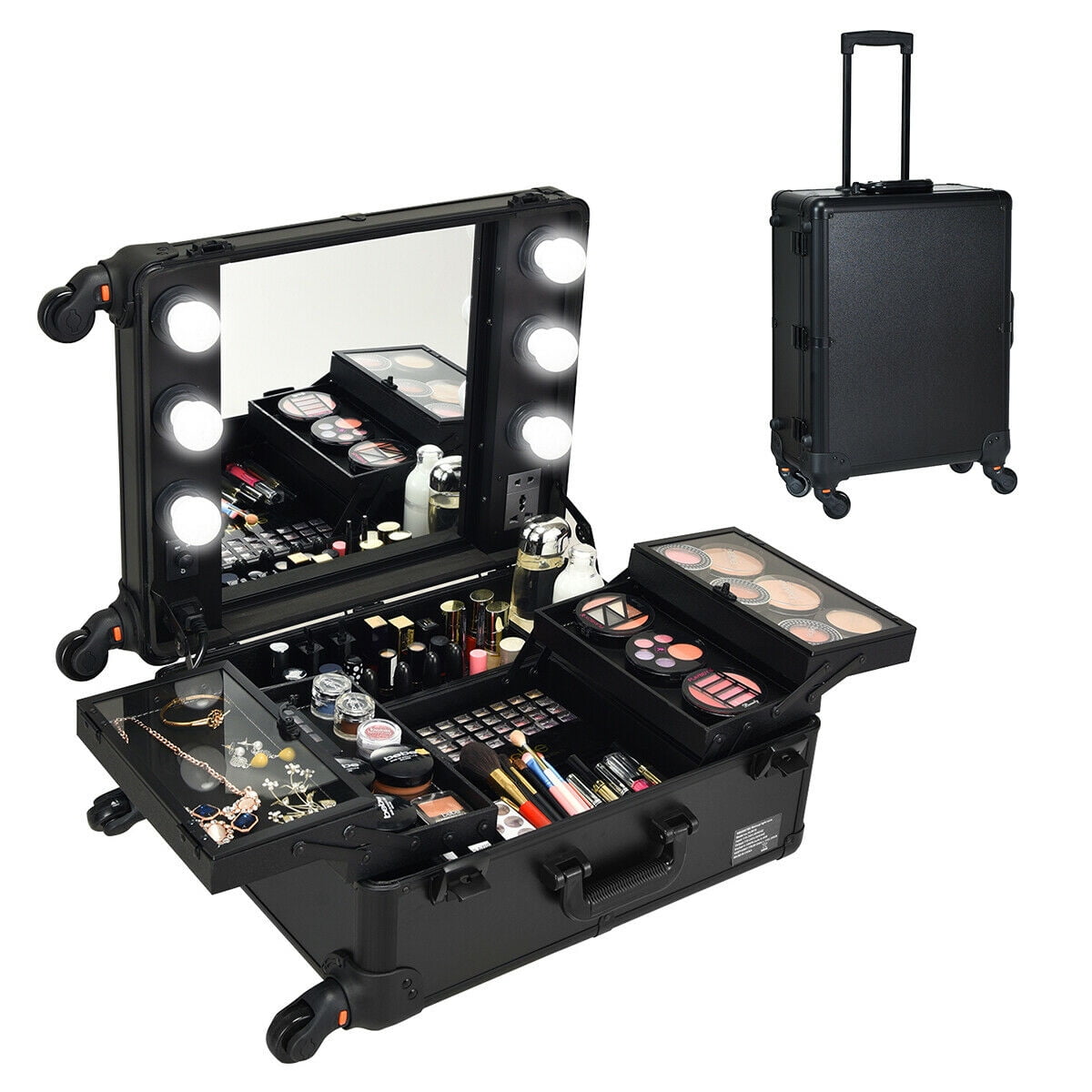 Costway Pro Studio Artist Train Rolling Makeup Case Light Wheeled