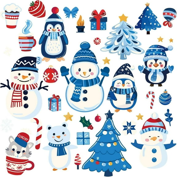 8 Sheets Christmas Tree Wall Stickers Snowman Penguin Xmas Decoration Window Stickers PVC Waterproof Self Adhesive Wall Decals Removable for Window Decor Clings Stairway Housewarming Gift