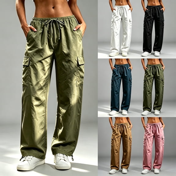 Women's Wide Leg Cargo Pants, Elastic Drawstring Waist Casual Trousers with Multi Pockets for Hiking Outdoor | TruBelle,Army Green L