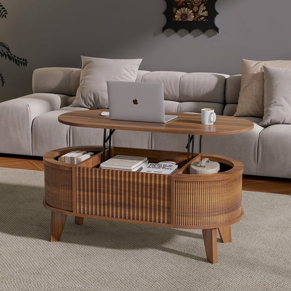 Lift Top Coffee Table with Storage, Wood Modern Oval Coffee Table, Living Room Storage Table, 18.9"D x 38.6"W x 17"H, Walnut