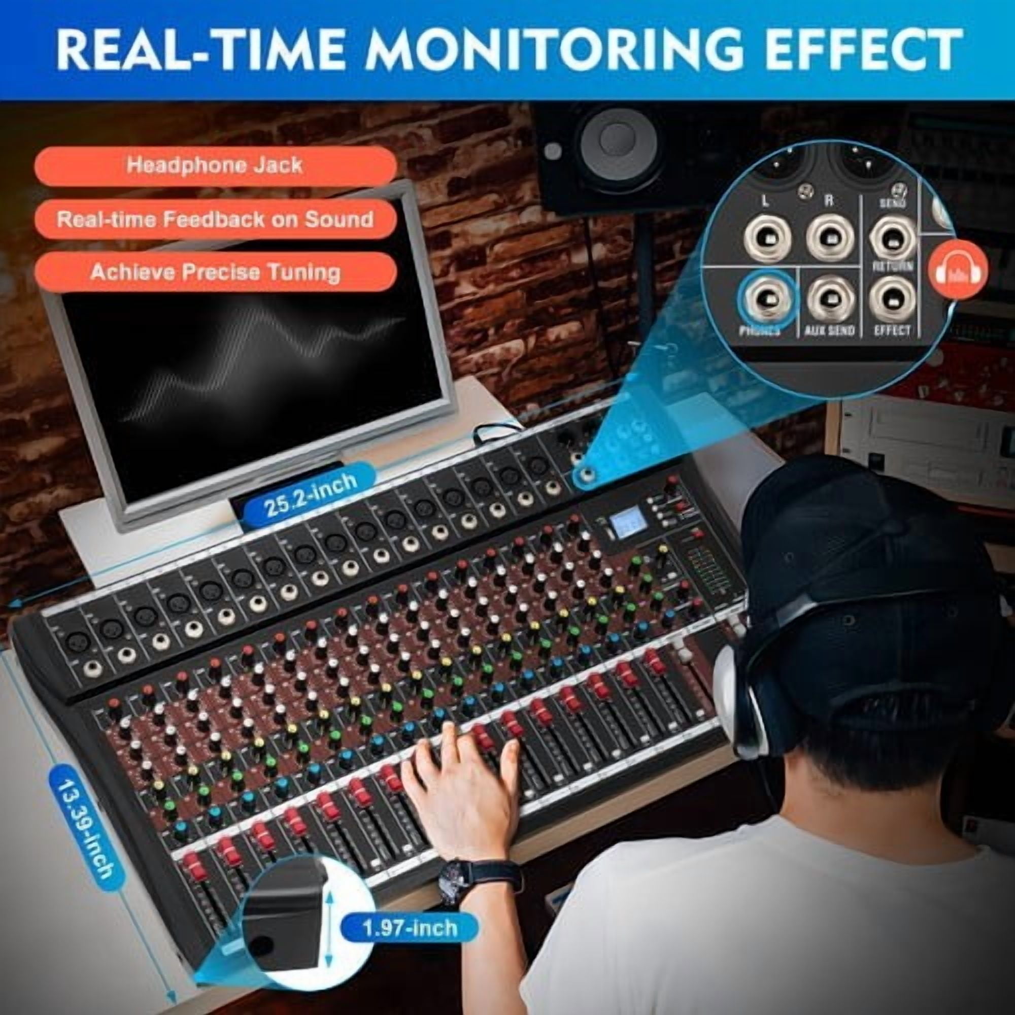 16-Channel Professional Audio Mixer,DJ Mixer Board with Bluetooth,48V Phantom Power, for Live Sound, Recording, Podcast, Karaoke,PC,Compatible with Various Devices,DJ Mixers