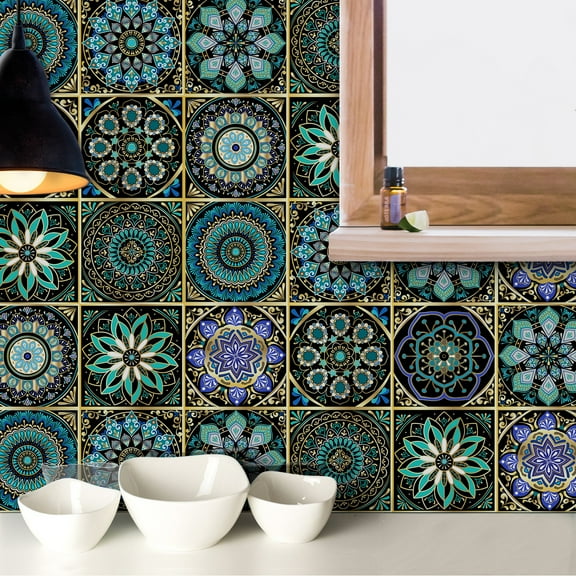 12 Piece Tiles Stickers Kitchen Backsplash Decals 6x6inch Mandala Wall Stickers Vinyl Peel and Stick Bathroom Stairs Decor