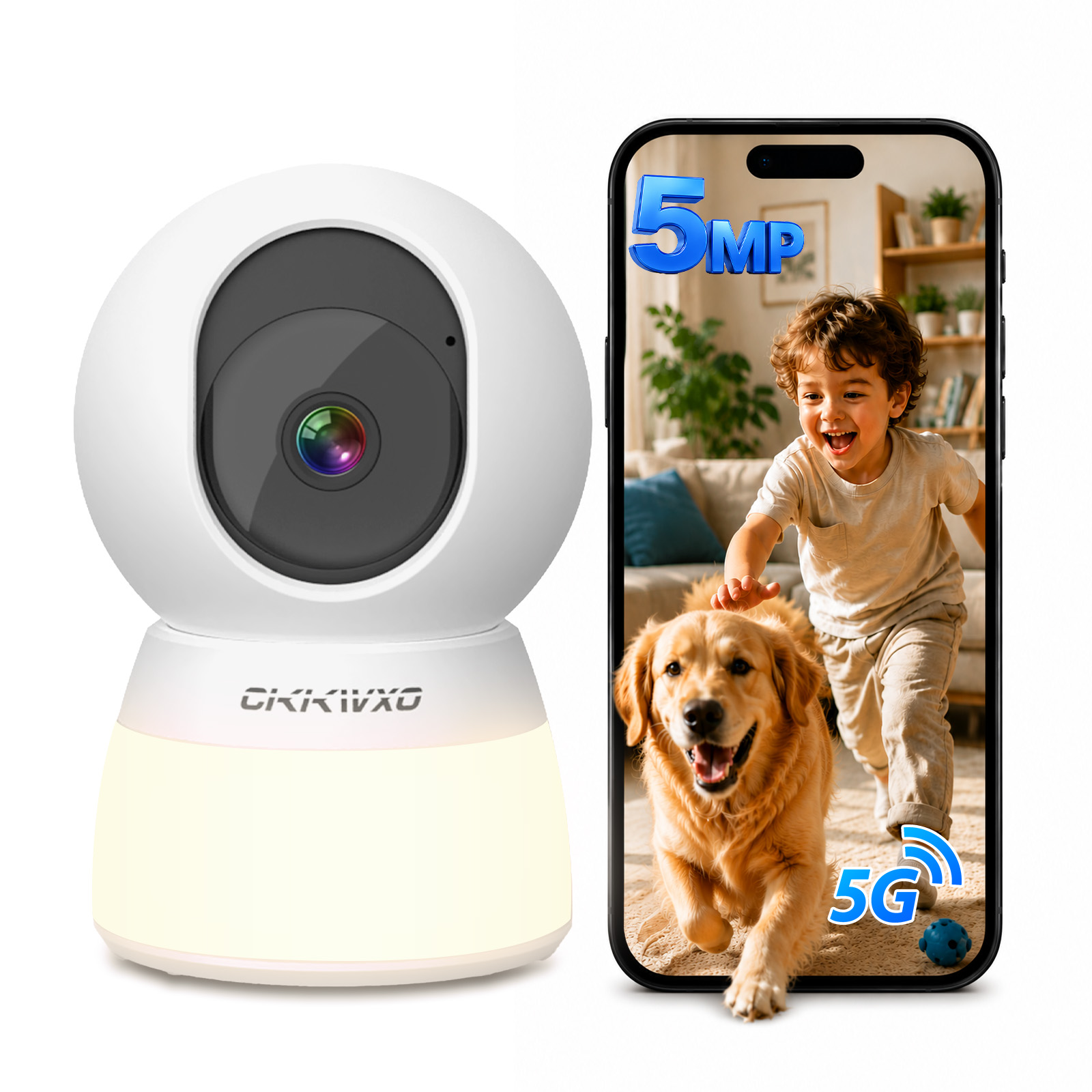 CiKiKWXO 2.5K HD Security Camera, 5G & 2.4G Dual WiFi Smart Camera, Color Night Vision with Soft Lighting, Motion Tracking, Two-Way Audio, Supports Flexible Storage