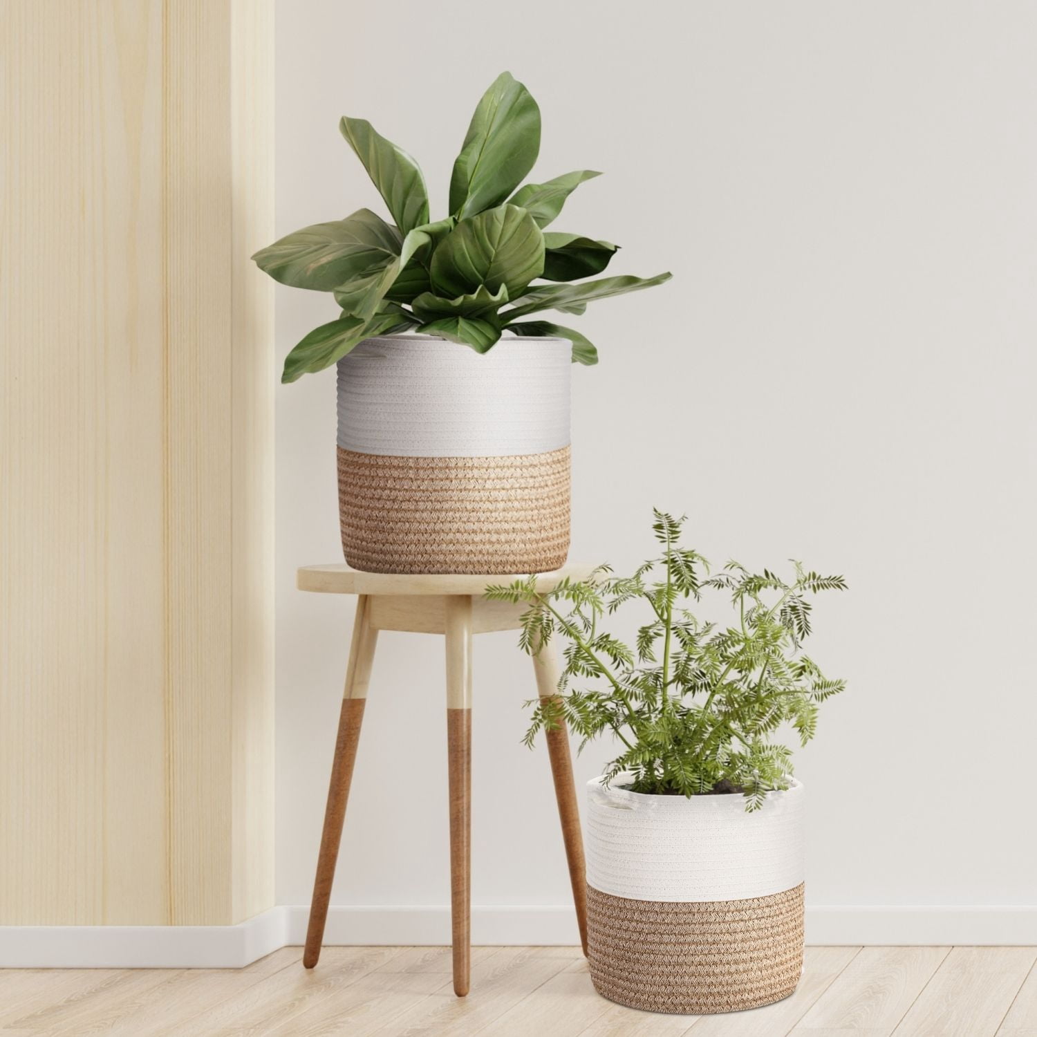 Plant Basket Modern Urban Boho Rattan Cotton Rope Basket Indoor Planter Holder (Up to 10 Inch Flower Pot) Macrame Woven Storage Organizer Bin with Handles linen mix Home Decor 11" x 11"