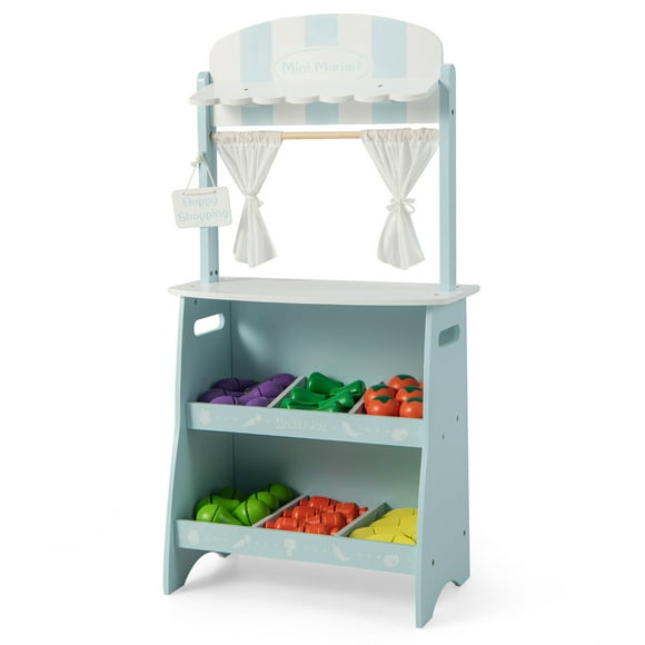 Gymax Kid's Farmers Market Stand Wooden Grocery Store Set w/ Cutting Veggies & Fruits Blue