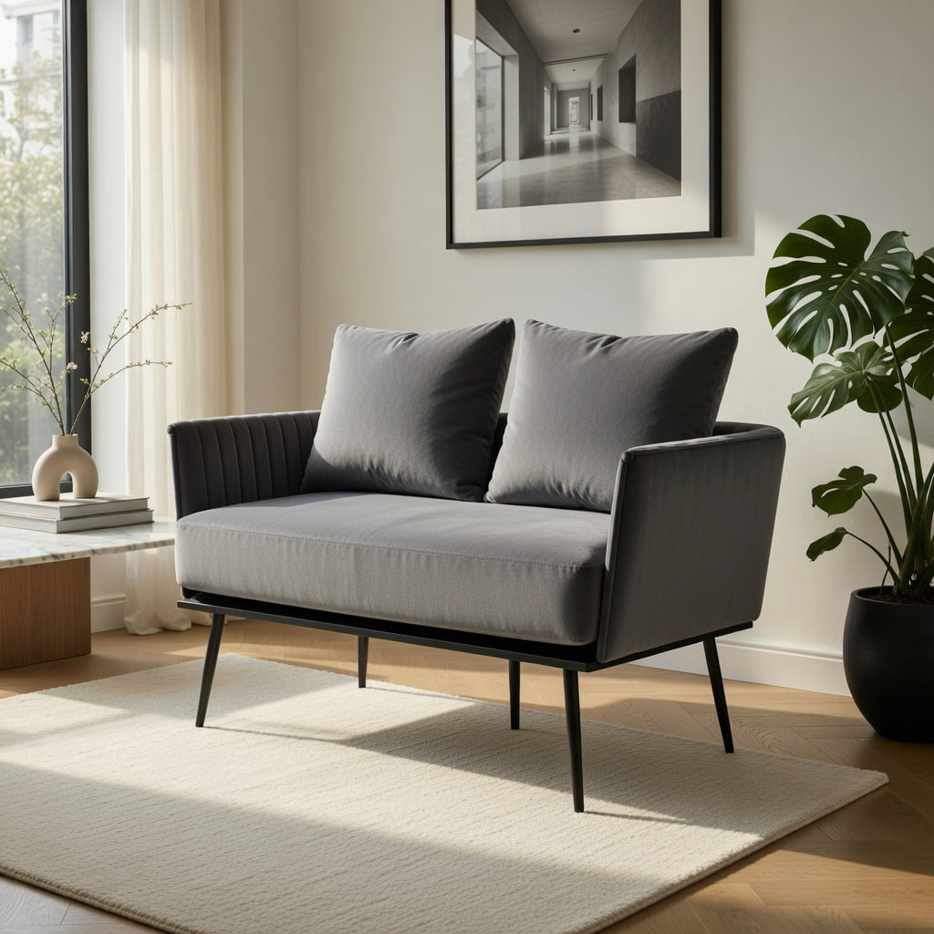 Hommoo Modern Dutch Velvet Loveseat Sofa, Compact 2-Seater Upholstered Couch with Removable Cushions & Metal Legs for Living Rooms, Bedrooms, Apartments, Gray