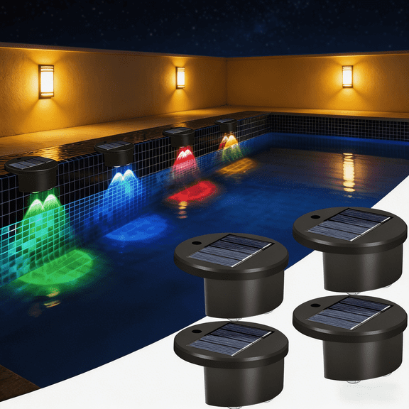 4-Pack Solar Pool Lights, RGB Color-Changing Pool Lighting, Outdoor Waterproof LED Deck Lights for Decorate Pools, Deck, Steps, Terraces