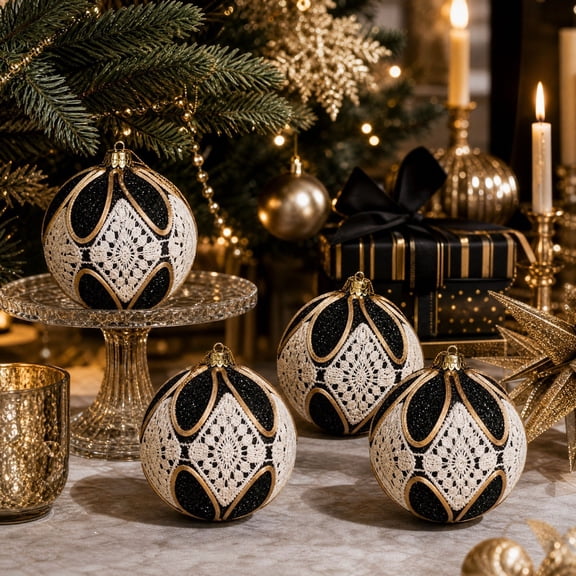 Black and Gold Christmas Ornament Balls, Diamond Lace and Crochet Glitter Bauble Design, Vintage Style Tree Hanging Decorations, Holiday Accents for Wreath Garland Mantel Window Party and Home