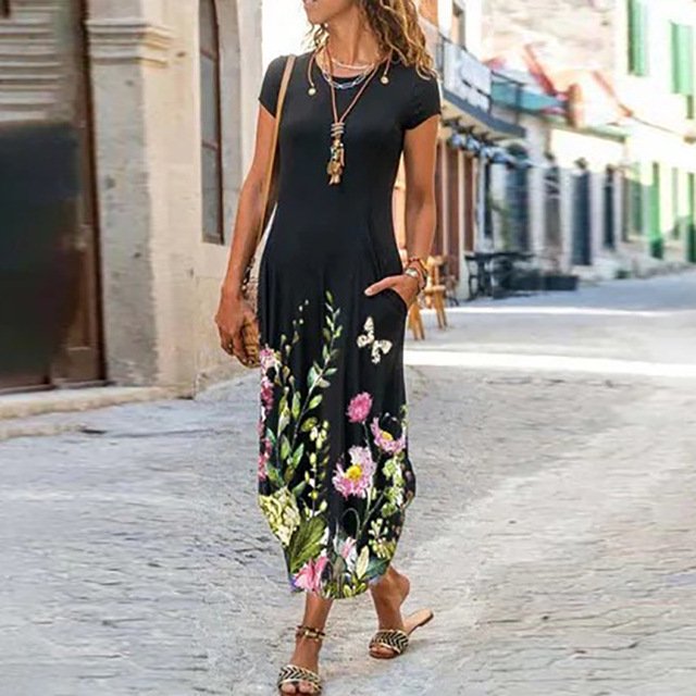 Robes Longues Bohèmes à Imprimé Floral pour Femmes Été Col Rond Manches Courtes Poches Robe Femme Vintage Décontractée Maxi Robes de Soirée
