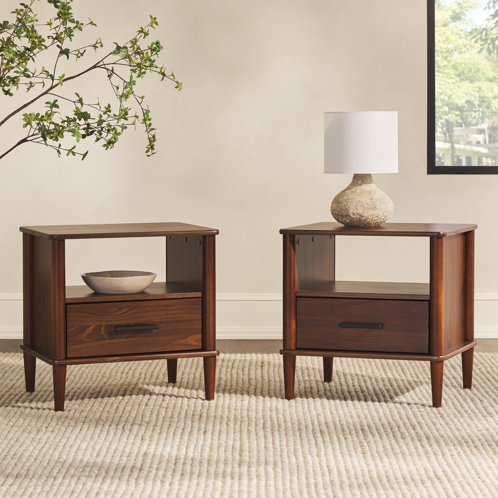 Walker Edison Transitional 1-Drawer Spindle-Leg Nightstand, Set of 2, Walnut