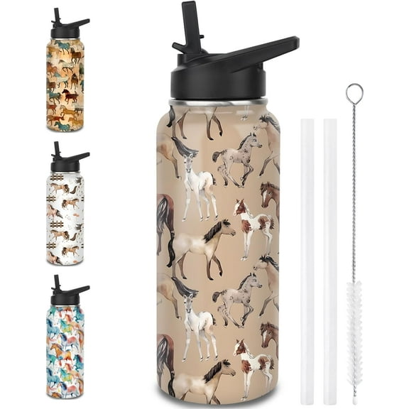 Horse Water Bottles with Straw, 32 Oz Insulated Stainless Steel Tumbler Cup Mug Horse Gifts for Women Girls Horse Lovers