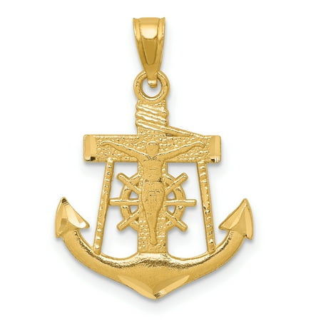 14k Gold Mariners Cross - 14k Yellow Gold Nautical Anchor Ship Wheel Mariners Crucifix Cross Religious Pendant Charm Necklace Mariner